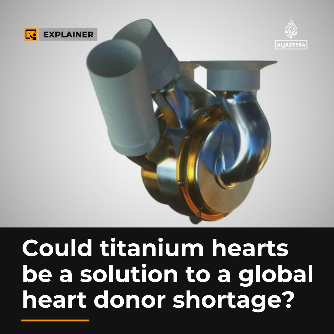 AJEnglish's tweet photo. An Australian man with heart failure has become the first person in the world to survive more than 100 days with an artificial titanium heart as he waited to receive a donor transplant.

Can titanium hearts solve the global donor shortage? https://t.co/6Q7INkwrO0 https://t.co/DdKs9MS3iP