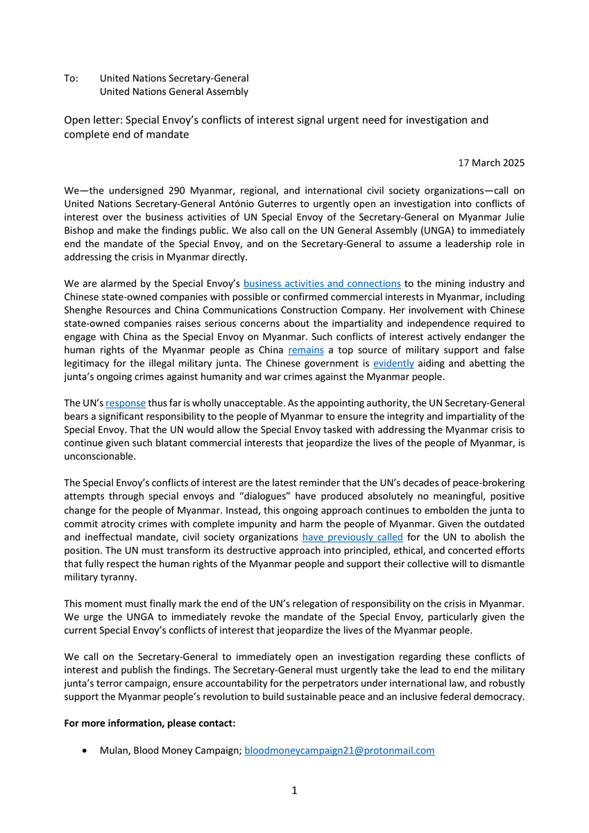 Progressive Voice (@pvamplify) on Twitter photo Today, 290 CSOs sent an open letter to UNSG <a href="/antonioguterres/">António Guterres</a> and #UNGA, calling for an urgent investigation into conflicts of interest surrounding the business activities of <a href="/UN/">United Nations</a> Special Envoy on #Myanmar <a href="/HonJulieBishop/">Julie Bishop</a>.
See the full letter here: bit.ly/3Y0tVfh Today, 290 CSOs sent an open letter to UNSG <a href="/antonioguterres/">António Guterres</a> and #UNGA, calling for an urgent investigation into conflicts of interest surrounding the business activities of <a href="/UN/">United Nations</a> Special Envoy on #Myanmar <a href="/HonJulieBishop/">Julie Bishop</a>.
See the full letter here: bit.ly/3Y0tVfh