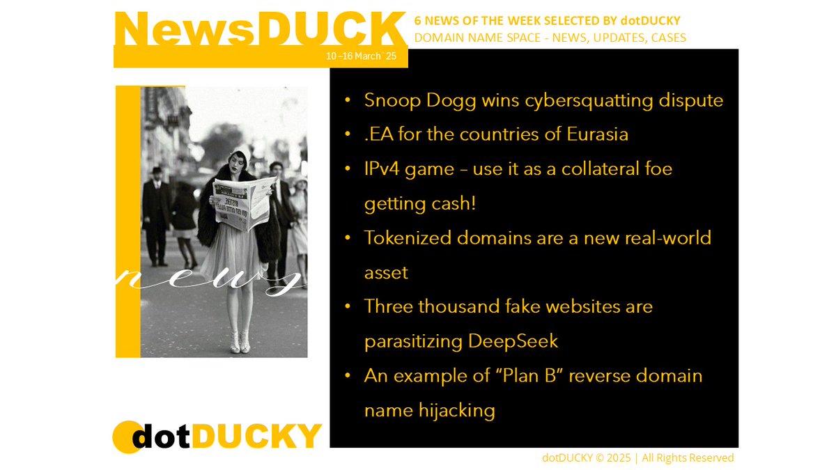 #NewsDuckNews clippings about #domainnames #hijacking, cybersquatting disputes, #IPv4, tokenized domains, touched #deepseek case, Eurasia intention and other events from the last week . Enjoy reading! dotducky.com/newsduck-march…