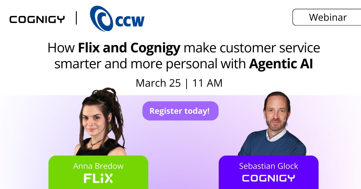 Flix is redefining Greyhound’s customer service with Agentic AI. Join CCW's webinar on Mar 25, 2025 at 11AM with Anna Bredow, Föix &amp; Sebastian Glock, Cognigy to explore smart automation and boost CX. Register now: hubs.la/Q03c4Hxd0
#AIAgents #CustomerService #AgenticAI