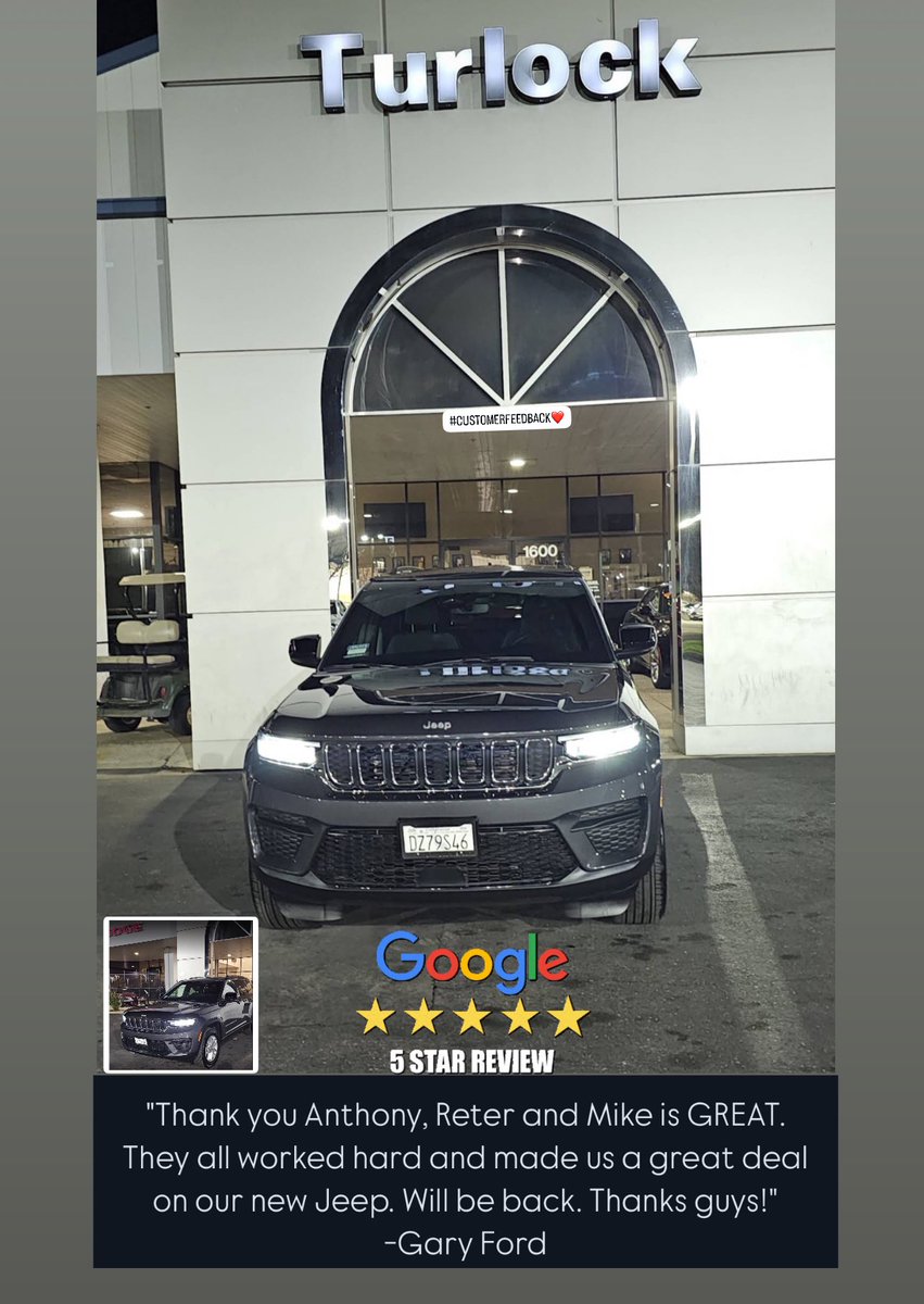 Shoutout to our amazing customers for their 5-star review and kind words about our team members! We're thrilled to have made your car-buying experience a great one. Thanks for choosing us and we can't wait to welcome you back. #TurlockCDJR #CustomerLove #5StarReview"