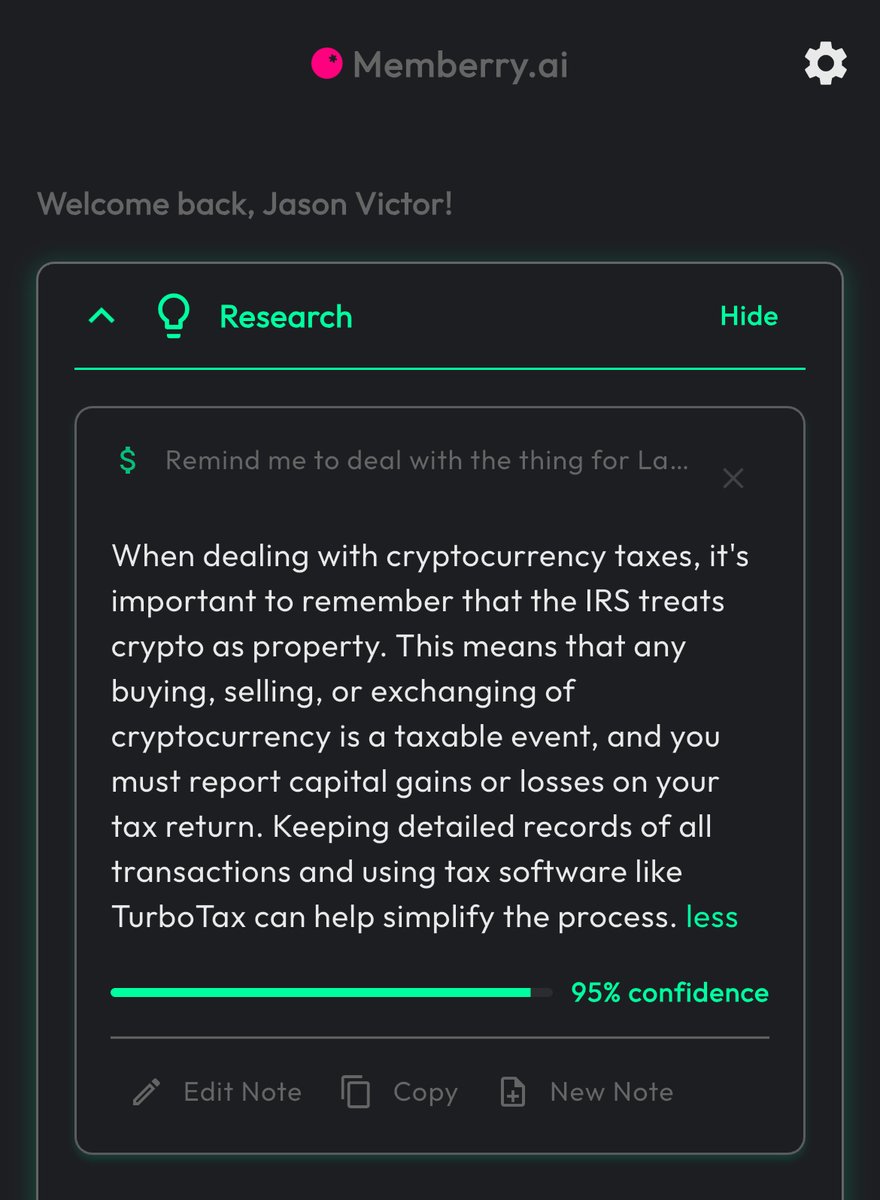 memberryai's tweet photo. Reminder that Memberry will automatically do research for you in the background if it thinks it can help with something in your notes.

Here it is giving me some info on tax treatment for crypto gainz.

Very useful feature. You never know what you don’t know till it tells you. https://t.co/hwIhmgC0wD