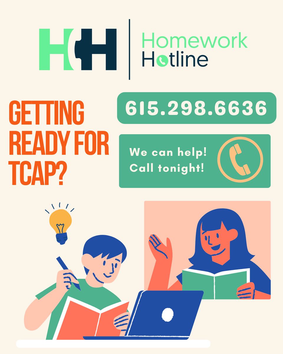You're in the last stretch. If you need help preparing for end of year testing, we can help! Give us a call. 615.298.6636. Teachers are available Monday through Thursday, 4-8pm CST.
#homeworkhelp #freehomeworkhelp #tcap #tnready