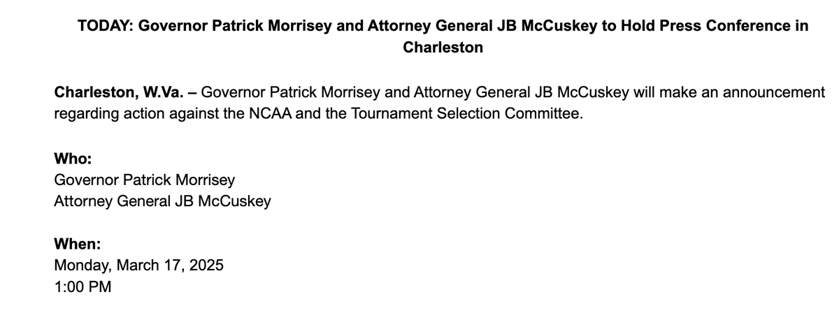 PeteThamel's tweet photo. West Virginia politicians plan to announce "action against the NCAA and Tournament Selection Committee" later today tied to WVU's snub. Worth noting there that now-Governor Patrick Morrisey was the AG in the state who successfully challenged NCAA transfer rules. https://t.co/QqS9TIf2Bk