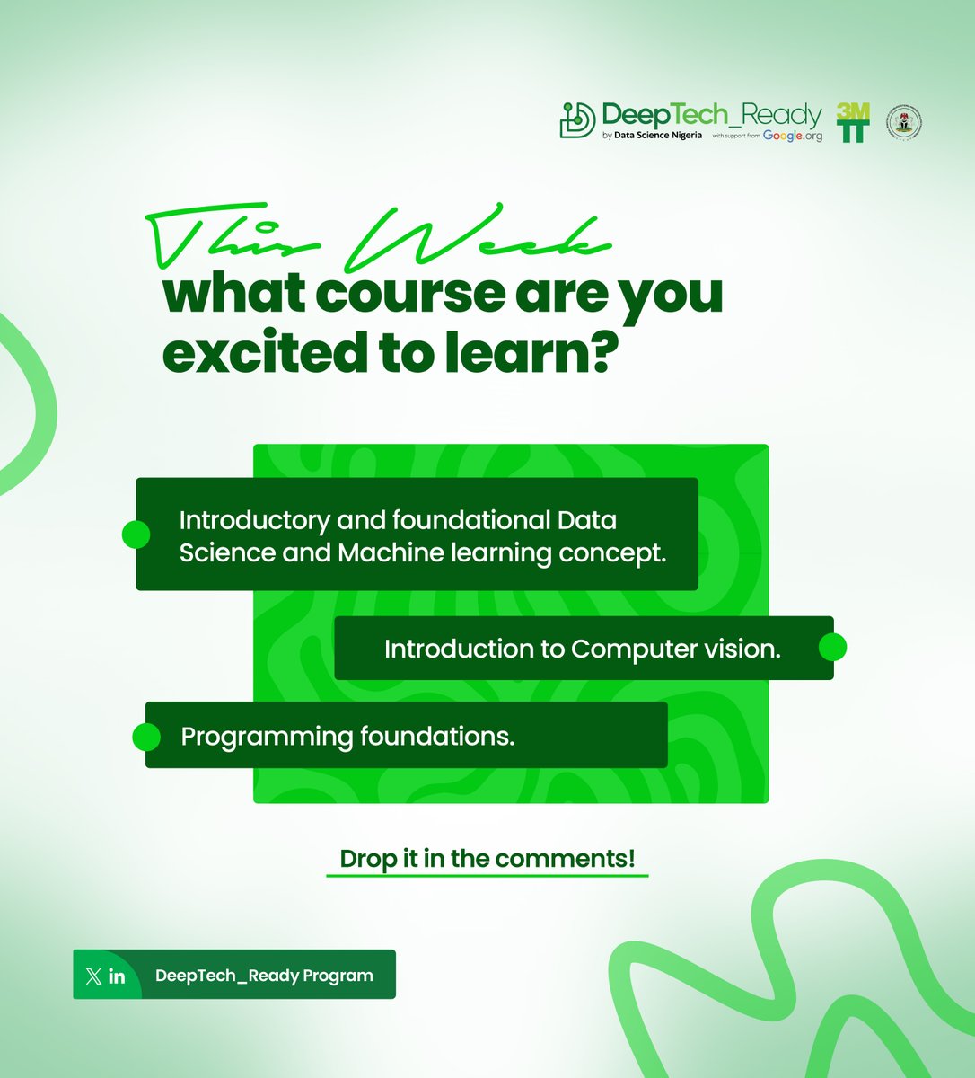 DeepTech_Ready Program (@deeptech_ready) on Twitter photo Hello <a href="/DeepTech_Ready/">DeepTech_Ready Program</a> Fellows!
A brand-new week means fresh opportunities to grow, learn, and sharpen your skills.
This week, you’ll be diving into Introductory and foundational Data Science & Machine learning concept, Introduction to Computer vision & programming foundations. Hello <a href="/DeepTech_Ready/">DeepTech_Ready Program</a> Fellows!
A brand-new week means fresh opportunities to grow, learn, and sharpen your skills.
This week, you’ll be diving into Introductory and foundational Data Science & Machine learning concept, Introduction to Computer vision & programming foundations.