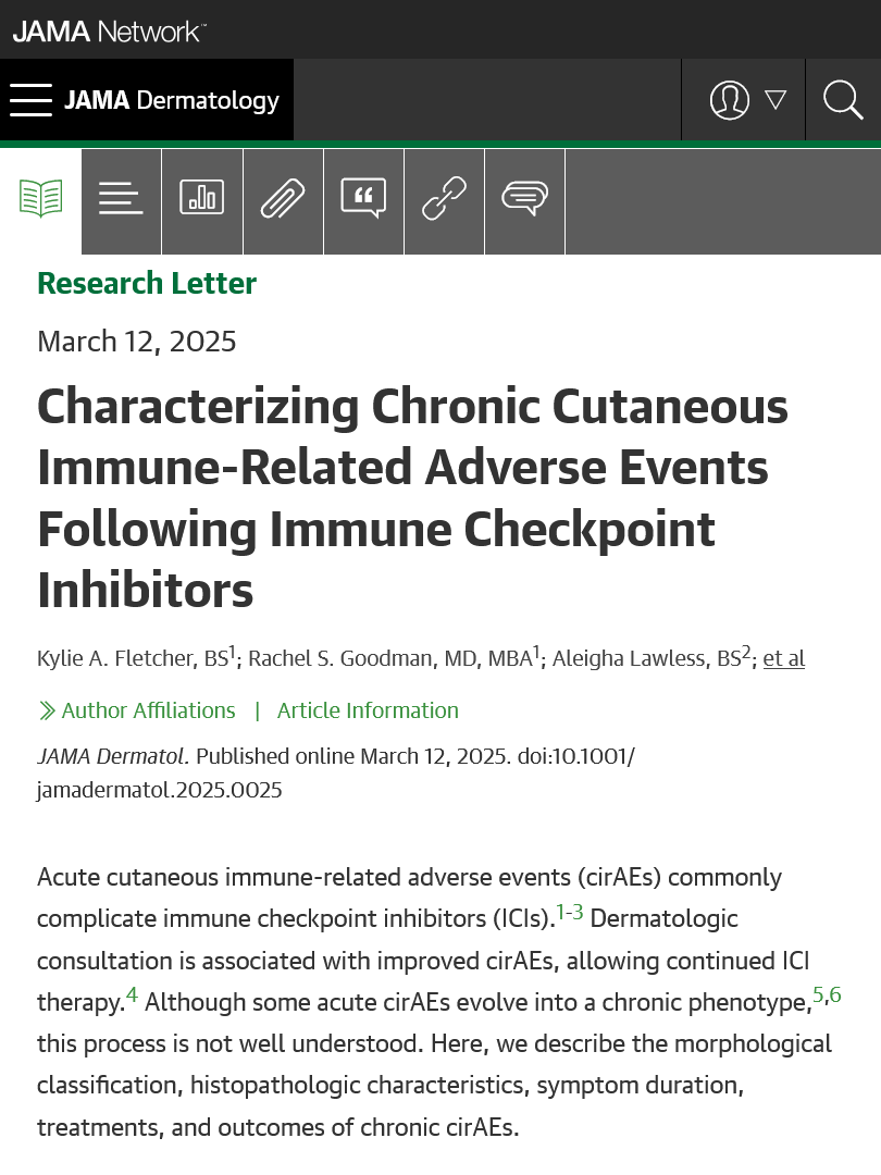 Chronic cutaneous immune-related adverse events (cirAEs) from immune checkpoint inhibitors (ICIs) can persist for years, with pruritus, morbilliform eruptions, and bullous pemphigoid-like eruptions being the most common and severe. ja.ma/3XJVtoY