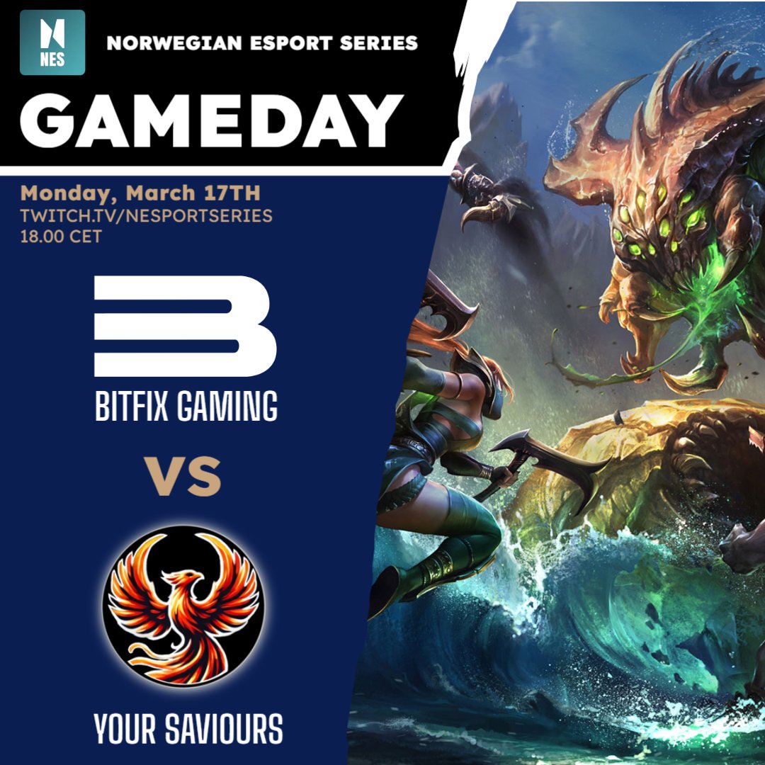 Gameday | <a href="/nesportsseries/">Norwegian Esports Series</a> 

We're back in action tonight in the all new Norwegian Esports Series! 🔥

🆚 <a href="/YourSavioursNOR/">Your Saviours</a>
⏰ 18:00 CET
📺 twitch.tv/nesportseries

Time to bounce back—let’s go! 💪 

#BitfixGaming #LeagueOfLegends