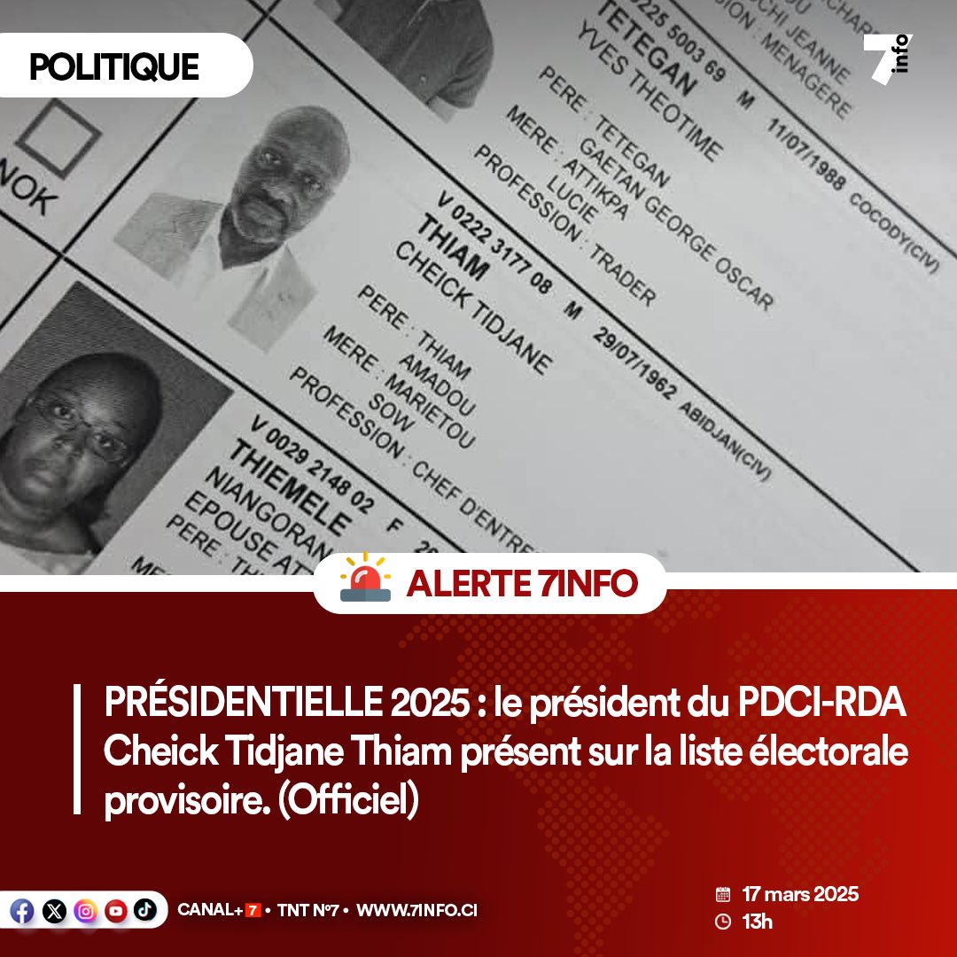 🔴 #Alerte7info 🇨🇮 | Tidjane Thiam présent sur la liste électorale provisoire.