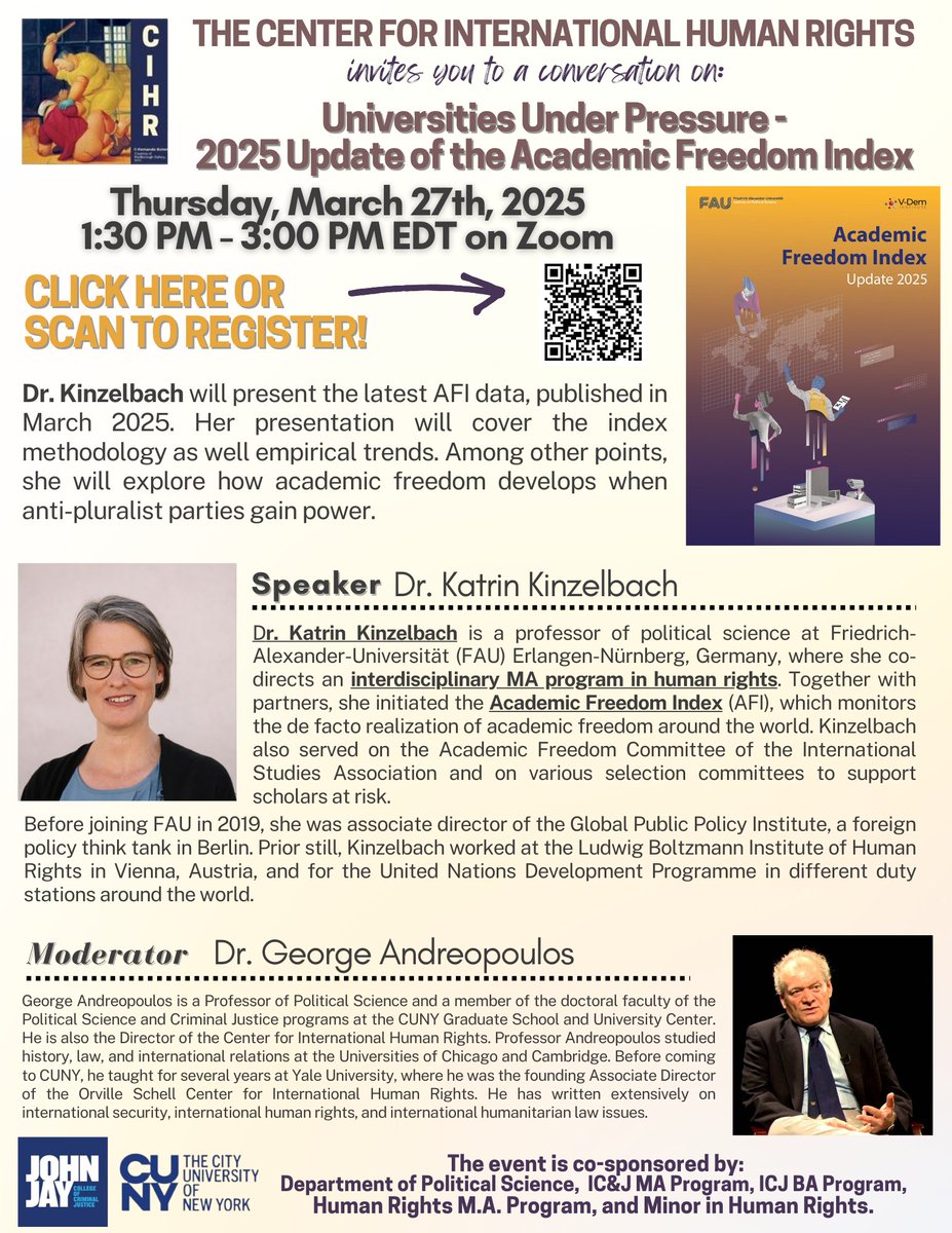 Please join us on Thursday, March 27th at 1:30 PM EDT for a discussion with Dr. Kinzelbach on the Academic Freedom Index. Register here: jjay-cuny.zoom.us/meeting/regist…