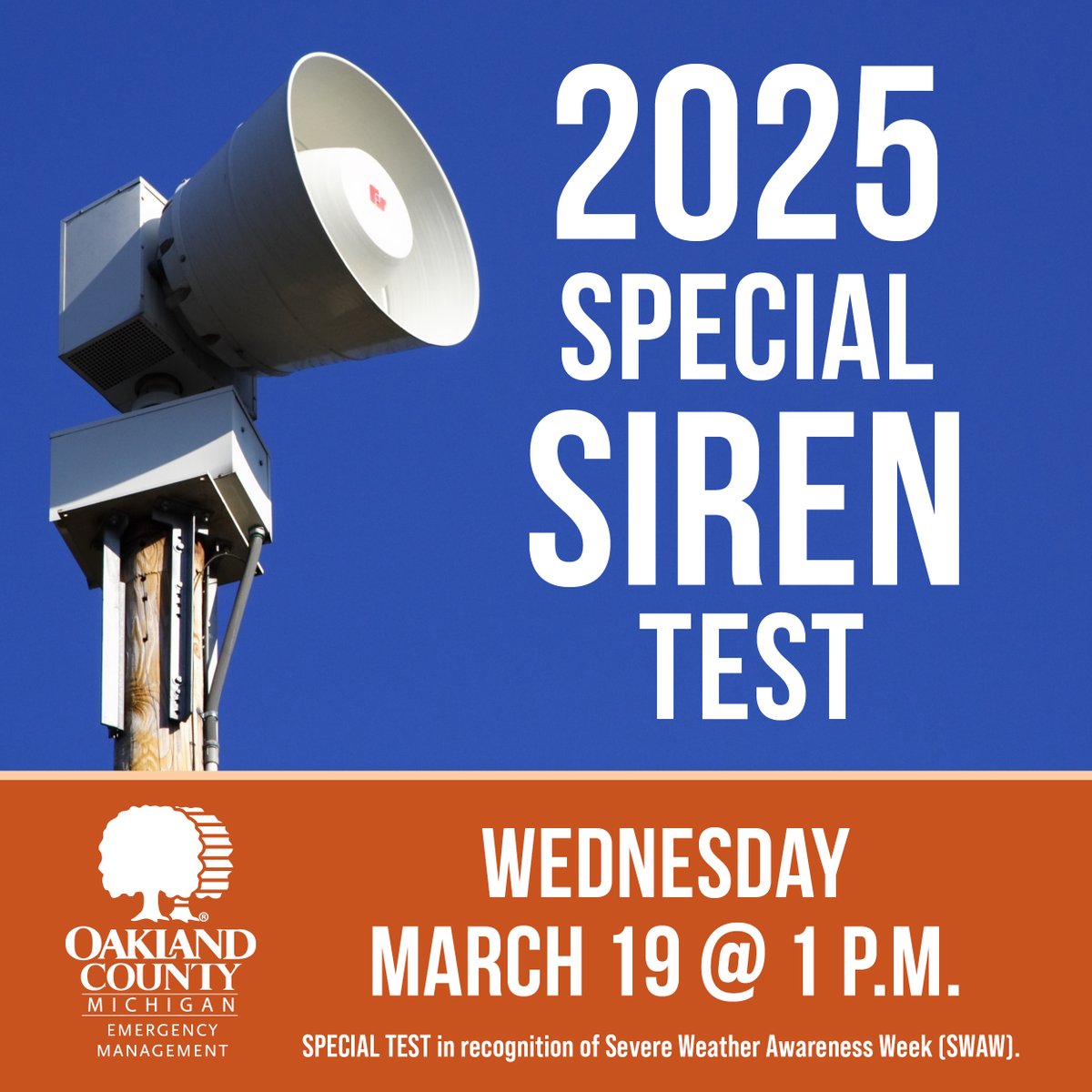 OakGovEM's tweet image. #OaklandCounty will join the Statewide Tornado Drill on March 19 at 1 p.m., testing Outdoor Warning Sirens. Practice your emergency plan with your family! #SevereWeatherAwarenessWeek