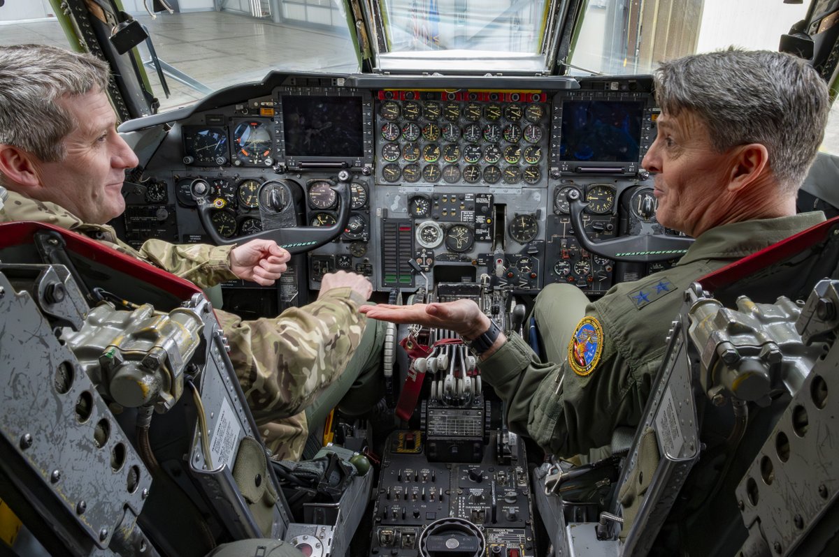 US_EUCOM's tweet image. Maj. Gen. Jason Armagost, Eighth Air Force commander, and Air Marshal Johnny Stringer, deputy commander of NATO Allied Air Command, brief media on Bomber Task Force 25-2 at RAF Fairford, highlighting NATO’s readiness and deterrence. #transatlanticbond #dynamicsecurityenvironment
