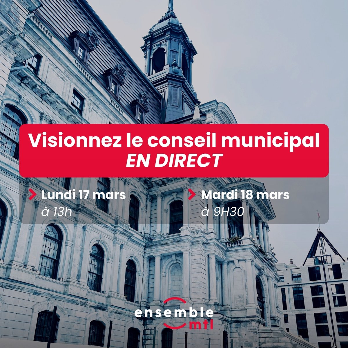 EnsembleMtl's tweet photo. Montréalais·es, le conseil municipal vous attend!🏛️Joignez-vous à nous pour suivre les enjeux qui vous touchent au quotidien. En direct aujourd’hui👇 https://t.co/1mTm0po1yl #polmtl #mtl #cmmtl https://t.co/4MPPSY0nW2