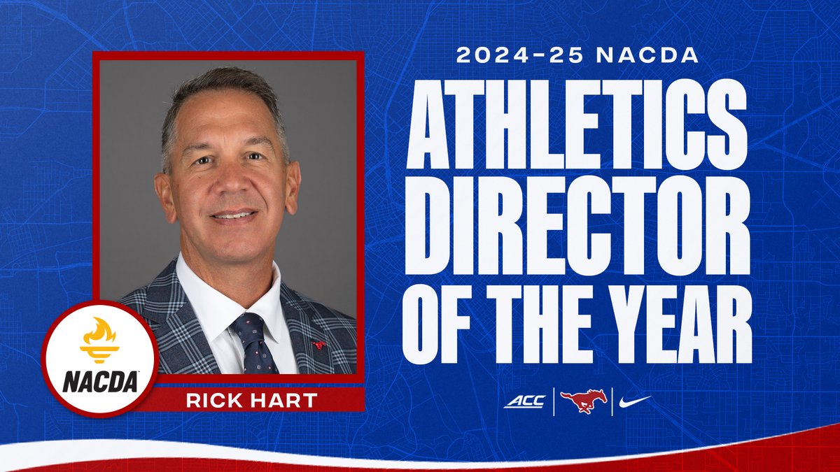 Congratulations to <a href="/SMU/">SMU</a> <a href="/AD_RickHart/">Rick Hart</a> on being named AD of the Year by <a href="/NACDA/">NACDA</a>.

It marks the second time that Hart has won the award while serving on the Hilltop. #PonyUp

📰 tinyurl.com/26da2dqm
