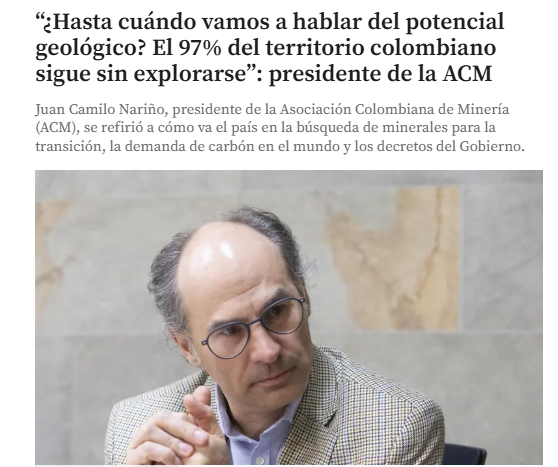 jcnarino's tweet photo. En esta entrevista con @elcolombiano hablamos sobre el futuro de la minería en Colombia, la necesidad de fomentar la exploración, sobre  la transición energética y el papel del carbón en el escenario actual. ¿Cuánto más vamos a esperar para aprovechar nuestra riqueza mineral? Los invito a leerla https://t.co/XXxe2QeyE0
