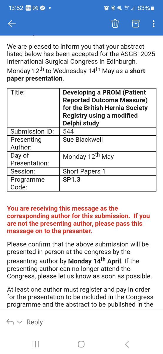 Delighted that our abstract on developing the PROM for the <a href="/BritishHernia/">British Hernia Society</a> Registry has been accepted for presentation at <a href="/asgbi/">ASGBI</a> 

Turns out the conference is in Edinburgh. Who knew?! Clearly not me 🙈