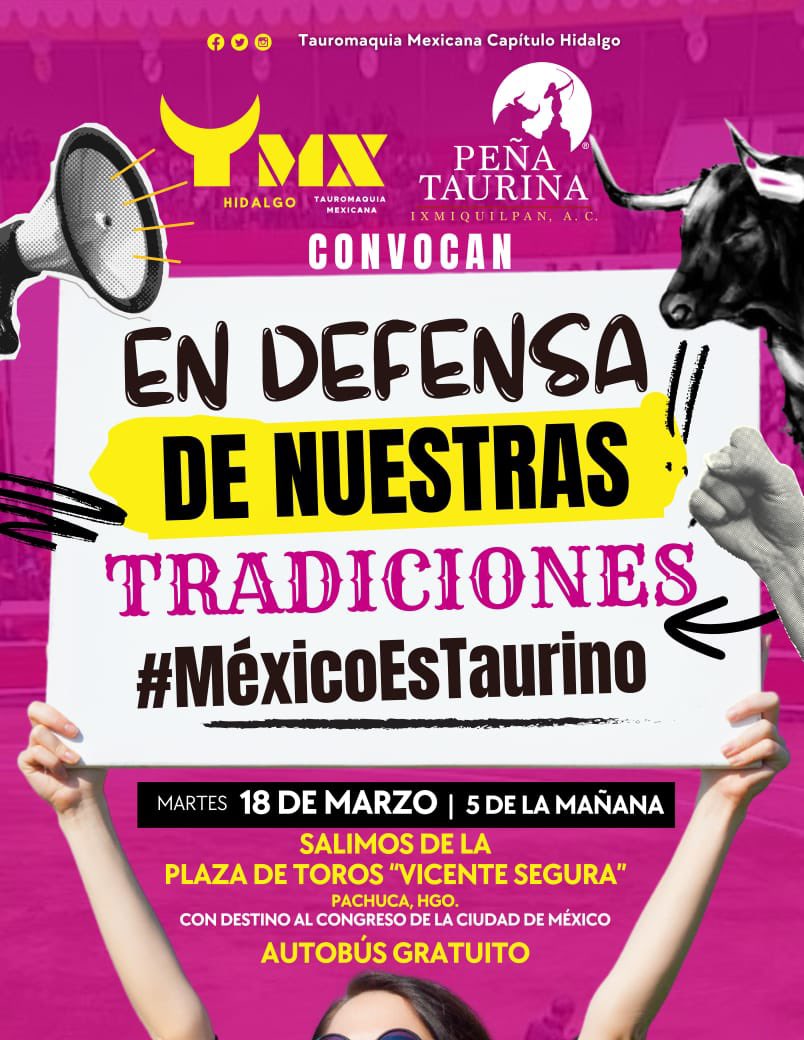 Convocamos a todos los hidalguenses que defienden nuestras tradiciones a manifestarse en el Congreso de la #CDMX 
#sialostoros #libertad #lostaurinostambienvotan #pornuestrastradiciones
Salimos de Pachuca.