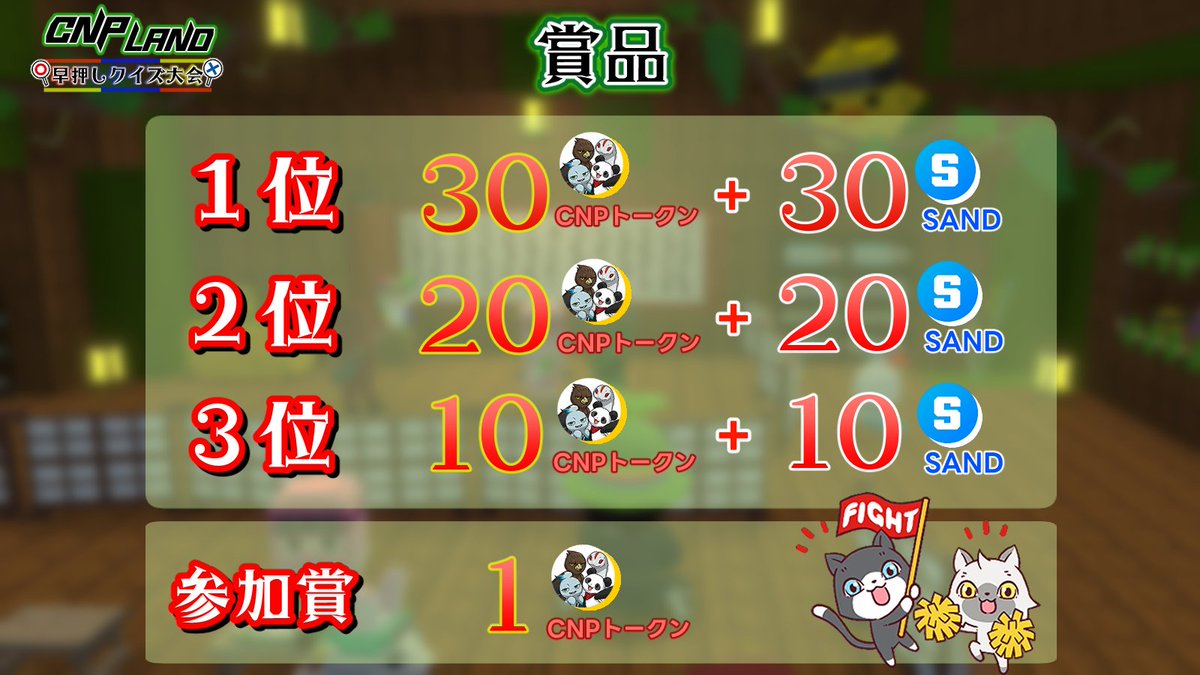----------
2025年3月22日
#CNPLand クイズ王が決定する…
----------
#BuilderChallenge 期間中にたくさん"探検"したアナタならきっと解けるはず💡

【CNPLand 早押しクイズ大会】
✅3月22日(土) 19時00分～20時30分(予定)
✅NinjaDAO ボイスチャット