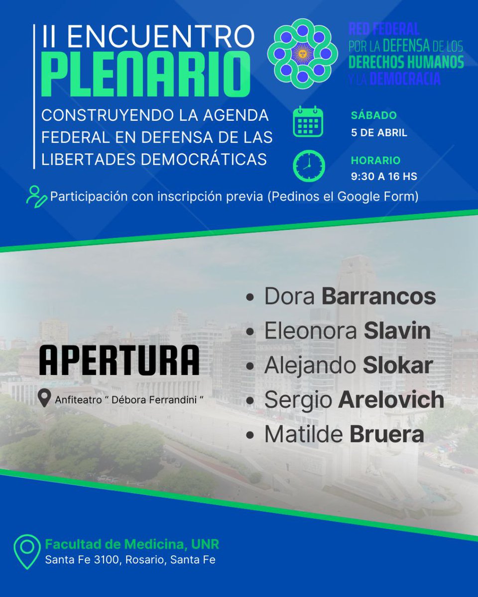 DDHHyDemocracia's tweet image. Nuestra Red tendrá su
II ENCUENTRO PLENARIO: Construyendo la Agenda Federal en Defensa de las Libertades Democráticas.

Se realizará el próximo 5 de abril en la ciudad de Rosario.

Ante el ataque permanente a las condiciones d vida del pueblo 
➡️