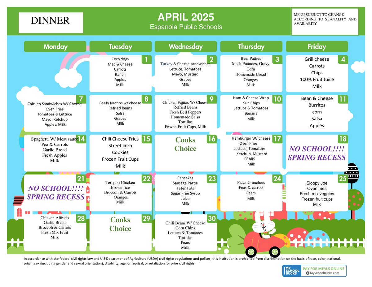CFVMiddleSchool's tweet image. 🍽️ April Menus Now Available! 🍴

The April menus are here—check out what's cooking this month! 🌟

#SchoolMenus #AprilMenus #LunchTime