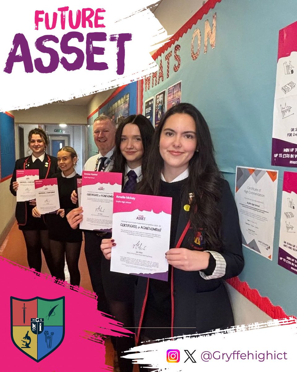 Our <a href="/Future_Asset/">Future Asset</a> team 2025. Well done Eva Graham, Olivia Mason, Emma Hunter, Amelie is McKay-Birley and Anais Rennie (not pictured) for taking part in this years competition and producing an excellent Investment Report on Coca-Cola! Featuring Mr Mackinnon! #RenfrewshireCouncil