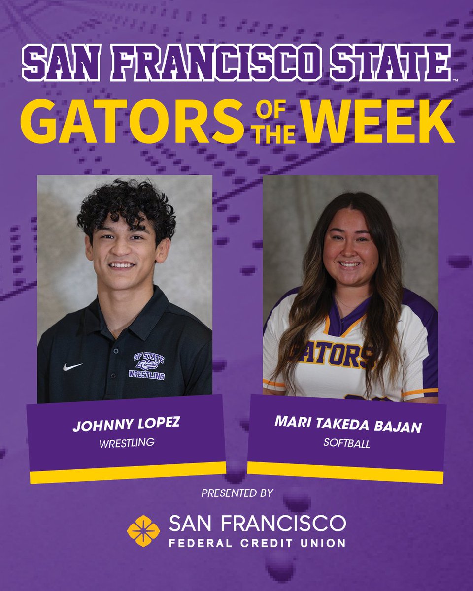 SF State Athletics (@sfstate_gators) on Twitter photo πGators of the Week, sponsored by <a href="/sffederalcu/">San Francisco Federal Credit Union</a>: Mari picked up a pair of wins on the mound and Johnny won a National Championship at 141lbs! πGators of the Week, sponsored by <a href="/sffederalcu/">San Francisco Federal Credit Union</a>: Mari picked up a pair of wins on the mound and Johnny won a National Championship at 141lbs!