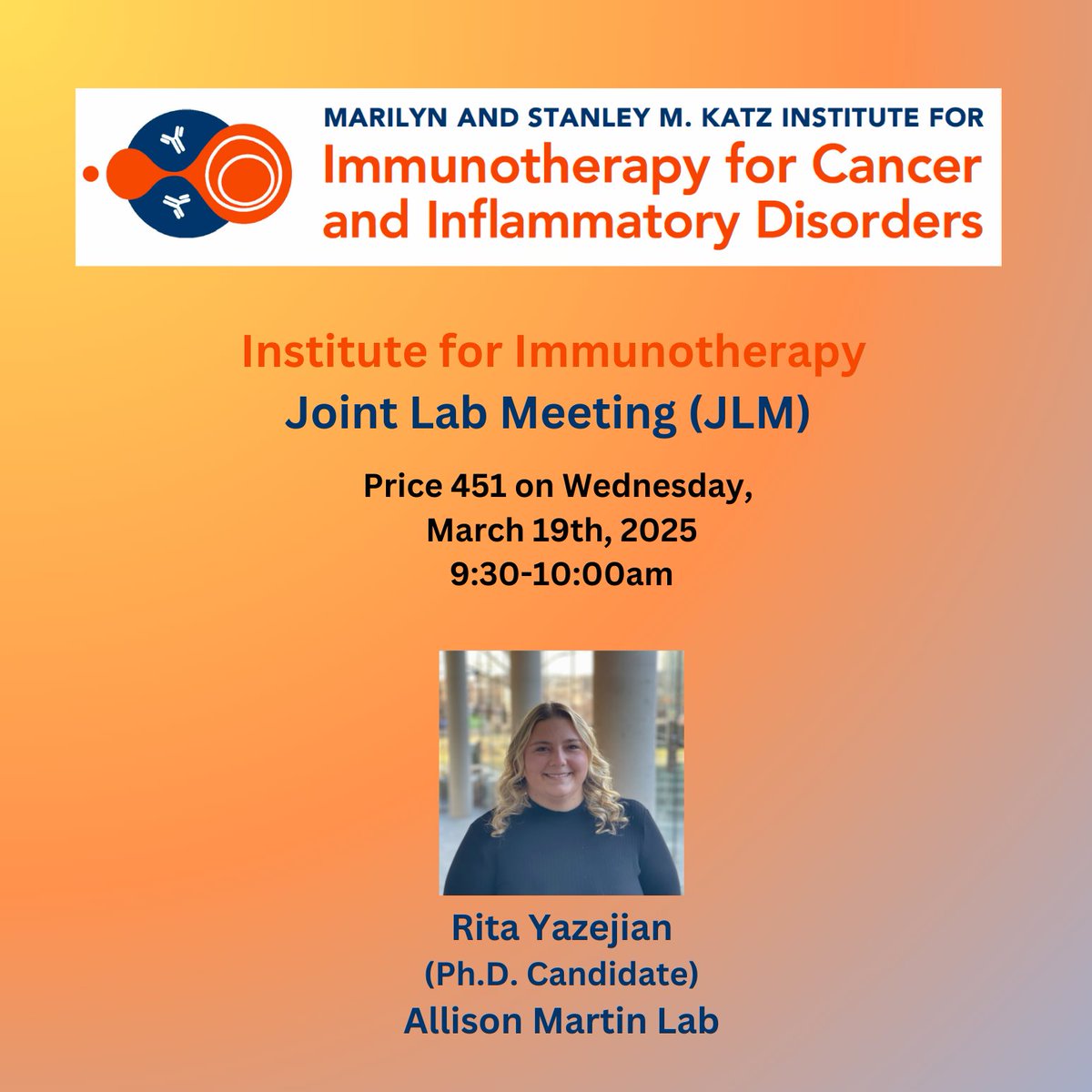 Katz Institute for Immunotherapy (@ifi_einstein) on Twitter photo Looking forward to <a href="/ritamyazejian/">Rita M Yazejian</a> from Allision Martin Lab present on #ImmuneCheckpoint #Research at the IFI-JLM session on March 19th!! Major advancements shaping the future of medicine!!
<a href="/EinsteinPhD/">EinsteinPhD</a>
<a href="/ae_cancercenter/">ME Cancer Center</a>
<a href="/EinsteinMSTP/">EinsteinMSTP</a>
<a href="/EinsteinMed/">Albert Einstein College of Medicine - Official</a>
<a href="/MontefioreNYC/">Montefiore Health System</a> Looking forward to <a href="/ritamyazejian/">Rita M Yazejian</a> from Allision Martin Lab present on #ImmuneCheckpoint #Research at the IFI-JLM session on March 19th!! Major advancements shaping the future of medicine!!
<a href="/EinsteinPhD/">EinsteinPhD</a>
<a href="/ae_cancercenter/">ME Cancer Center</a>
<a href="/EinsteinMSTP/">EinsteinMSTP</a>
<a href="/EinsteinMed/">Albert Einstein College of Medicine - Official</a>
<a href="/MontefioreNYC/">Montefiore Health System</a>
