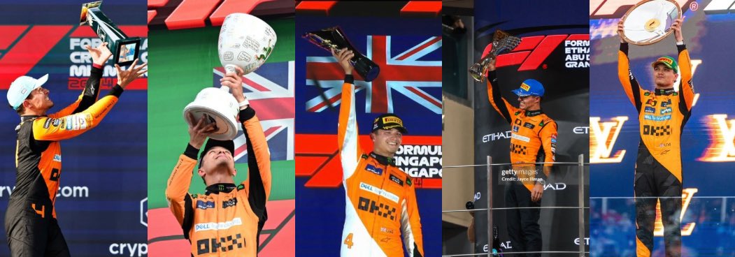 what makes each lando win special:

Miami: maiden win (lando has LANDED)
Zandvoort: won from pole with 22.9 sec, got fastest lap on old hard tyres (STATEMENT)
Singapore: won from pole, led every lap, 20+ sec gap, one of the toughest races of the season (DOMINATION)
Abu Dhabi: won