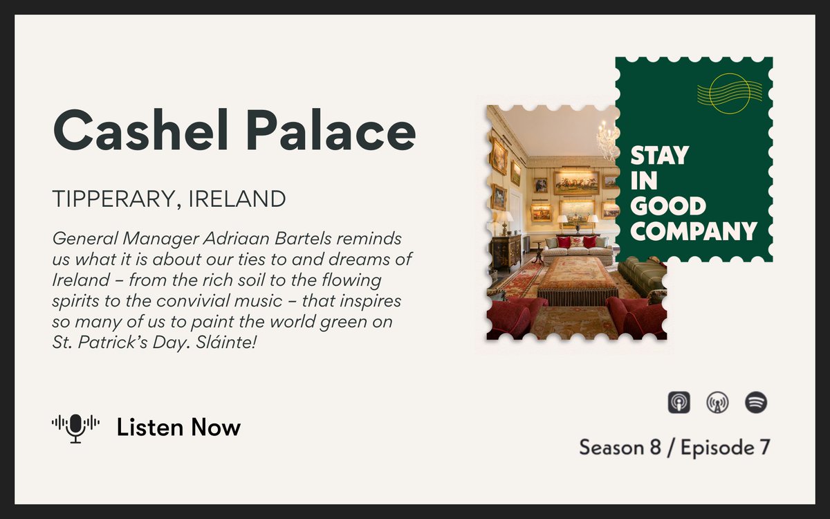 REYA Communications (@reyacomms) on Twitter photo <a href="/CashelPalace/">Cashel Palace Hotel</a> in Stay in Good Company Podcast
On the latest episode of <a href="/StayInGoodCo/">Stay In Good Company</a> , Cashel Palaceโs General Manager Adriaan Bartels tells an Irish tale of rich history and refined hospitality, reminding us, โItโs A Lovely Day For A Guinness.โ
Adriaan speaks with host Mollie <a href="/CashelPalace/">Cashel Palace Hotel</a> in Stay in Good Company Podcast
On the latest episode of <a href="/StayInGoodCo/">Stay In Good Company</a> , Cashel Palaceโs General Manager Adriaan Bartels tells an Irish tale of rich history and refined hospitality, reminding us, โItโs A Lovely Day For A Guinness.โ
Adriaan speaks with host Mollie