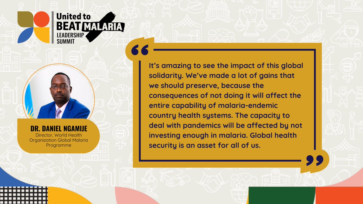 United to Beat Malaria (@beatmalaria) on Twitter photo <a href="/DrDanielNgamije/">Dr. Ngamije Daniel</a>, Director of <a href="/WHO/">World Health Organization (WHO)</a> Global Malaria Programme: "We’ve made a lot of gains that we should preserve, because the consequences of not doing it will affect the entire capability of malaria-endemic country health systems."
#beatmalaria <a href="/DrDanielNgamije/">Dr. Ngamije Daniel</a>, Director of <a href="/WHO/">World Health Organization (WHO)</a> Global Malaria Programme: "We’ve made a lot of gains that we should preserve, because the consequences of not doing it will affect the entire capability of malaria-endemic country health systems."
#beatmalaria