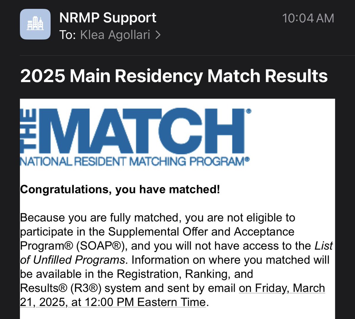 I’m going to be an orthopedic surgeon!!! A dream come true! Forever grateful to my family and friends for supporting me every step of the way through this wild journey! 💙🍀 #Match2025