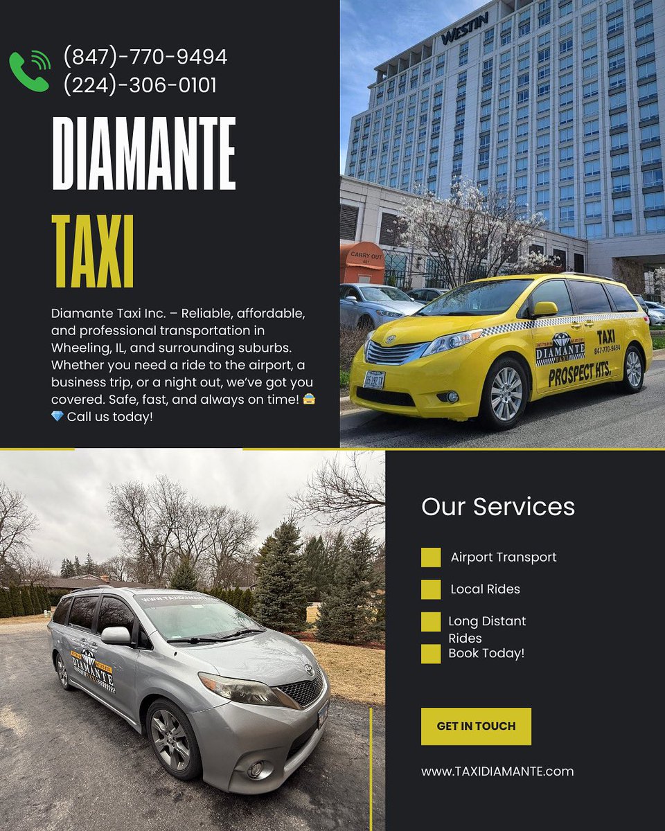 TaxiDiamanteINC's tweet photo. Diamante Taxi Inc. – Reliable, affordable, and professional transportation in Wheeling, IL, and surrounding suburbs. Whether you need a ride to the airport, a business trip, or a night out, we’ve got you covered. Safe, fast, and always on time! 🚖💎 Call us today! #DiamanteTaxi https://t.co/MigI0TwSO0
