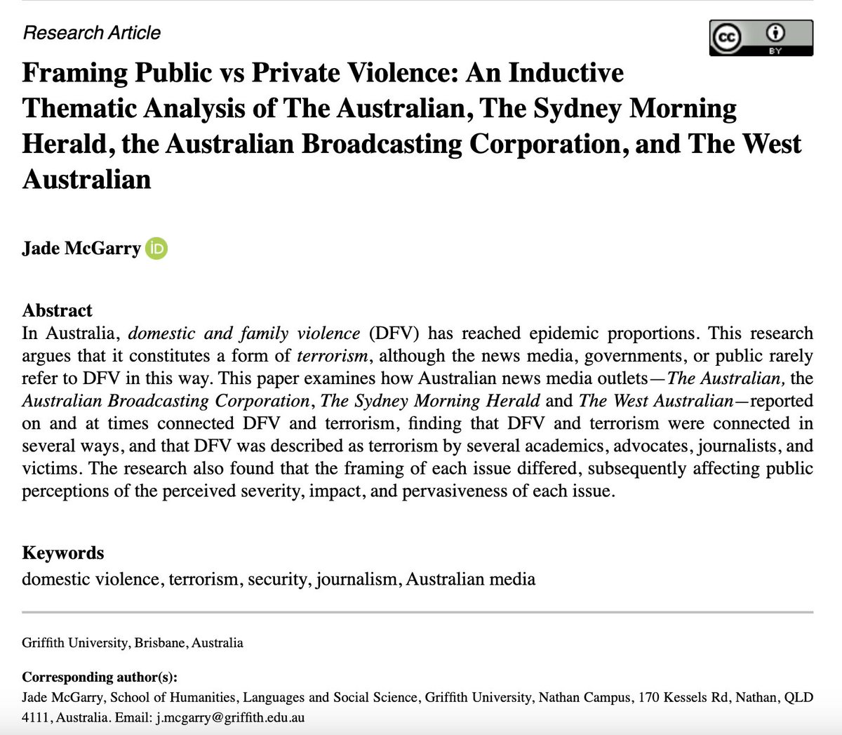 VAWJournal's tweet image. Listen to author @_JadeMcGarry discuss her article, which argues domestic violence constitutes a form of terrorism and presents a primary threat to the security of Australians. #VAW
Watch here: youtu.be/UYX_1PPZqRU
Read more about her findings here: journals.sagepub.com/doi/full/10.11…