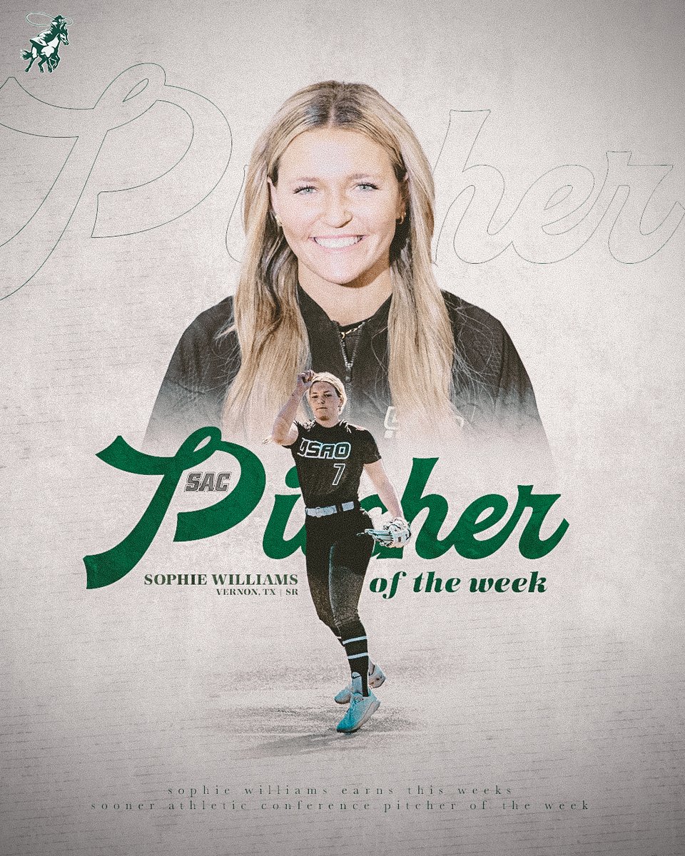 DroverAthletics's tweet image. For the 14th time in her career, Sophie Williams has been selected as the 𝗦𝗔𝗖 𝗣𝗶𝘁𝗰𝗵𝗲𝗿 𝗼𝗳 𝘁𝗵𝗲 𝗪𝗲𝗲𝗸 after tossing her 7th career perfect game and 4th career no-hitter‼️

-STATS-
2-0 record | 0.00 ERA, 17 K, 10.0 IP

#PitcherU x #DroverNation🏇