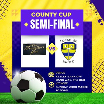 IT’S HERE! 🏆

The biggest game of the season so far, our COUNTY CUP semi-final tie against Telford’s Travellers Joy 🤩

The reward for winning is a place in the final at Telford stadium, the lads don’t need anymore motivation than that!

UP THE MERE!!! 🟡🔵🟡🔵