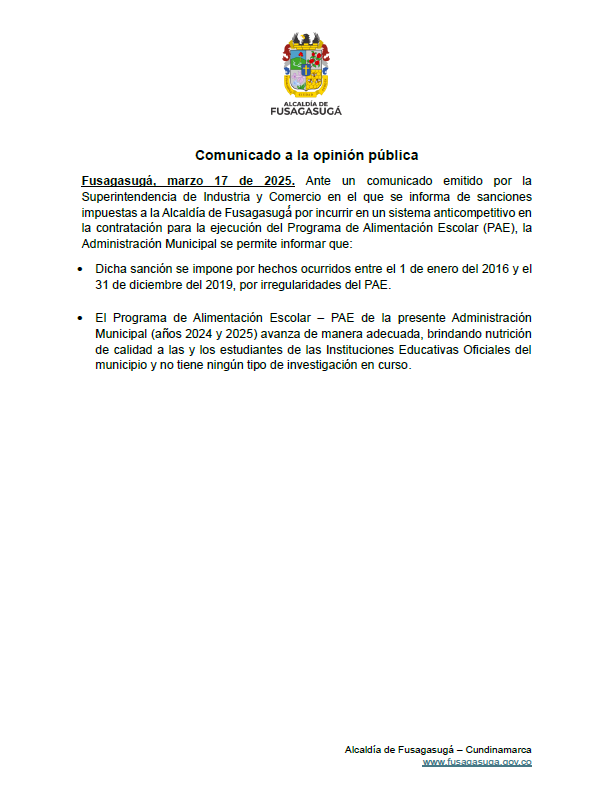 Compartimos comunicado sobre el anuncio de una sanción impuesta por la Superintendencia de Industria y Comercio a la Alcaldía de Fusagasugá, por irregularidades en el PAE entre 2016 y 2019.