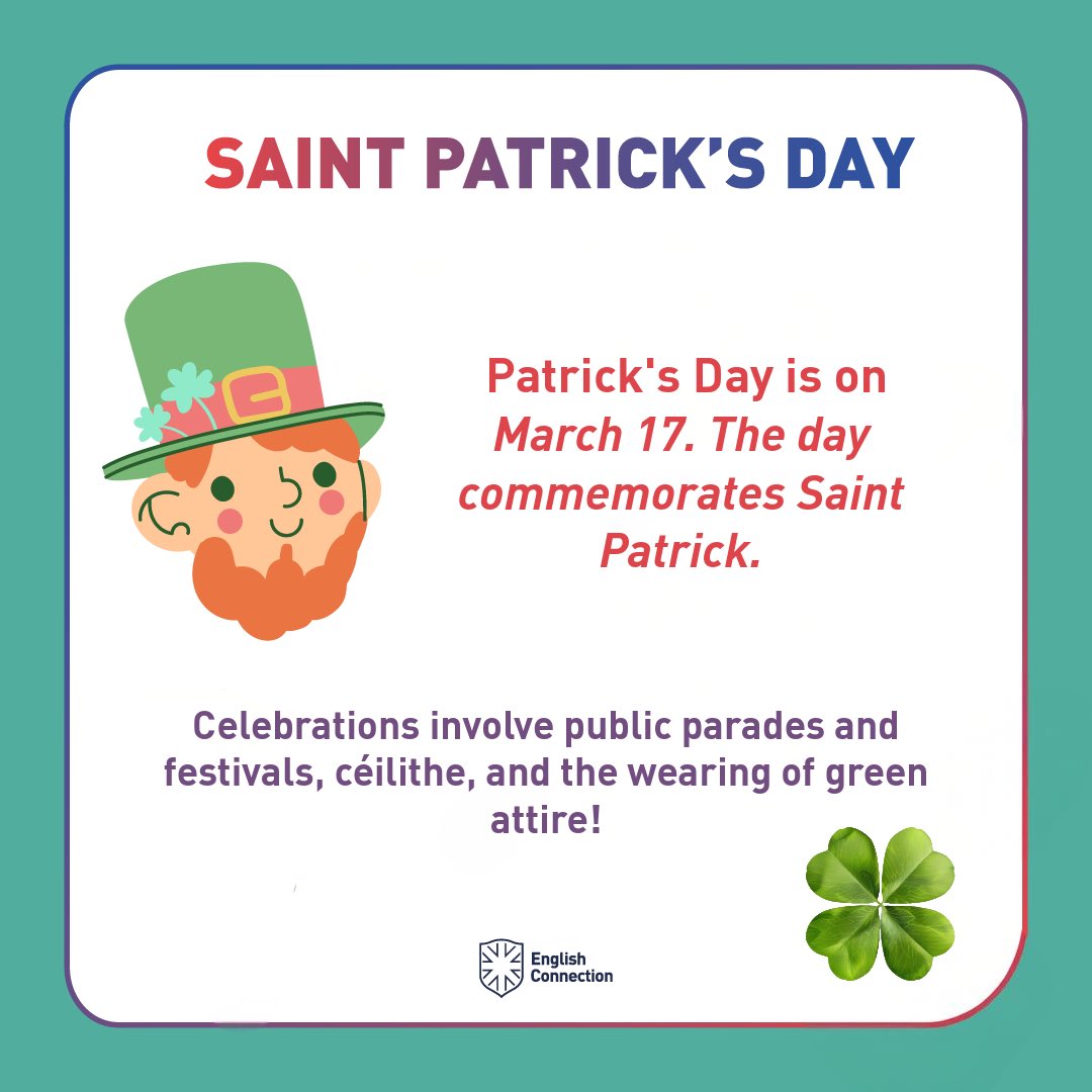 AcademiasEC's tweet photo. ¡Feliz Saint Patrick’s Day! ☘️🎩 El 17 de marzo celebramos el legado de San Patricio con desfiles, festivales, música tradicional (céilithe) y, por supuesto, vistiendo de verde. 🌿💚 ¿Cómo festejas este día? https://t.co/xgVvMG8wEx