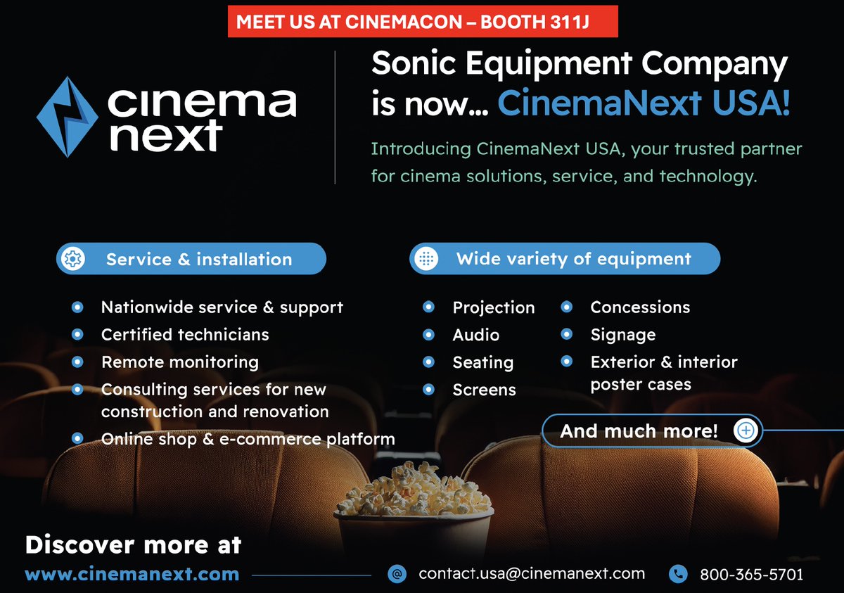 CinemaNextINTL's tweet photo. 🎬 CINEMACON NEWS: Say hello to CinemaNext USA! 🎬

We're thrilled to announce our exciting rebrand of Sonic Equipment Company to CinemaNext USA and invite you to visit us at Booth 311J at @CinemaCon from April 1-3 to learn more about our comprehensive cinema solutions. https://t.co/xTMNksPCLO