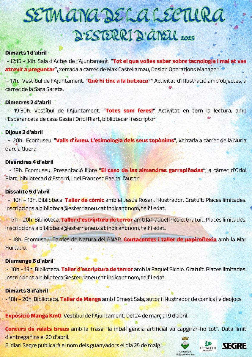 8a SETMANA DE LA LECTURA D'ESTERRI D'ÀNEU
De l'1 al 8 d'abril

<a href="/ConsellAneu/">Consell Cultural de les Valls d’Àneu</a> <a href="/visitpallars/">Turisme Pallars Sobirà</a> <a href="/NuriaGarciQuera/">Núria Garcia-Quera</a> <a href="/RaquelPicolo/">Raquel Picolo</a> <a href="/AgendaCultura/">Agenda Cultural de Catalunya</a>