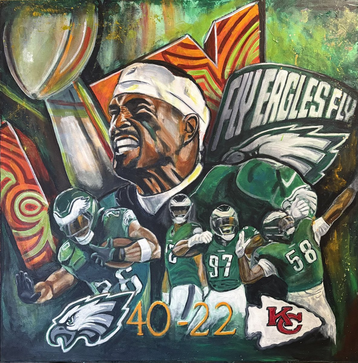 michael87308558's tweet photo. @JesseBWatters I’m an artist that specializes in original sports art.  Here is my latest piece “Fly Eagles Fly”. Celebrating the Super Bowl win.
It’s 4ftx4ft acrylic on canvas and available.  Contact me for details. https://t.co/dbcZeqpew9