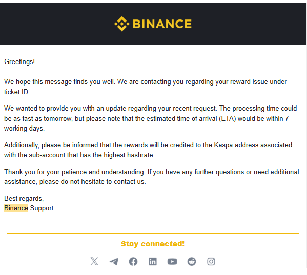 Clazsic's tweet photo. Binance $KAS Mining Competition rewards update:  

📩Email received on 2025-03-15 at 09:52:27 (UTC).  
📷Rewards appeared under 'Extra Bonus' on https://t.co/cgYsQ4R1Pe  (status: unpaid).  

That 7-working-day buffer and different payout instructions format feels kinda SUS.  🤔 https://t.co/yNHWW3J6cd