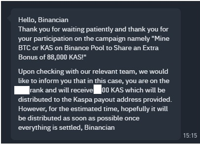 Clazsic's tweet photo. Binance $KAS Mining Competition rewards update:  

📩Email received on 2025-03-15 at 09:52:27 (UTC).  
📷Rewards appeared under 'Extra Bonus' on https://t.co/cgYsQ4R1Pe  (status: unpaid).  

That 7-working-day buffer and different payout instructions format feels kinda SUS.  🤔 https://t.co/yNHWW3J6cd