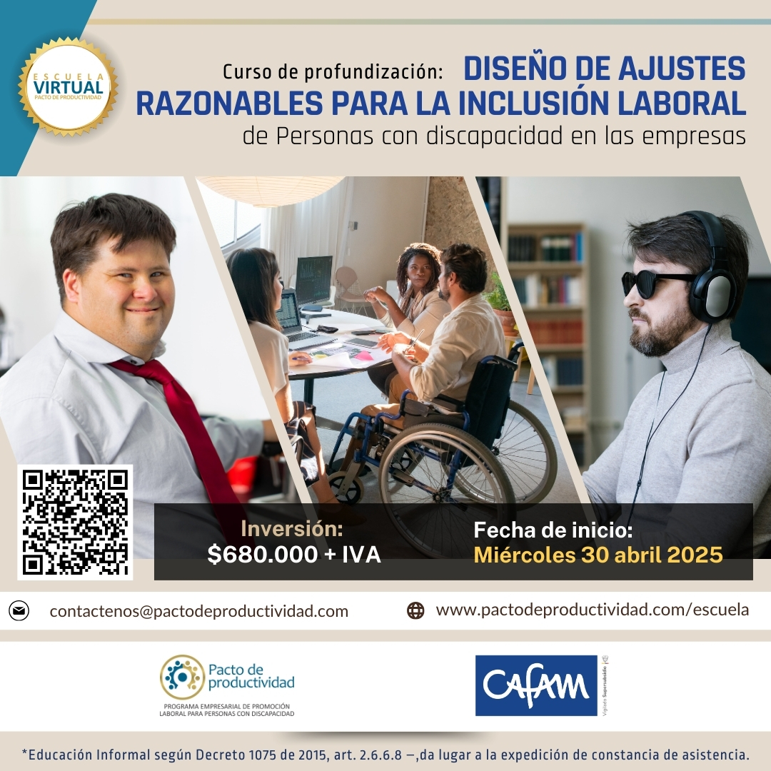 Curso Diseño de Ajustes Razonables.

📅 Inicio: 30 abril de 2025
⏳ Cierre de inscripciones: Viernes, 25 de abril
💰 Inversión: $680,000 + IVA

¡No dejes que las barreras limiten el potencial de tu equipo!
🔗 Inscríbete ya: 👉 pactodeproductividad.com/cursos-de-prof…
📩 Más info: 350 7361992