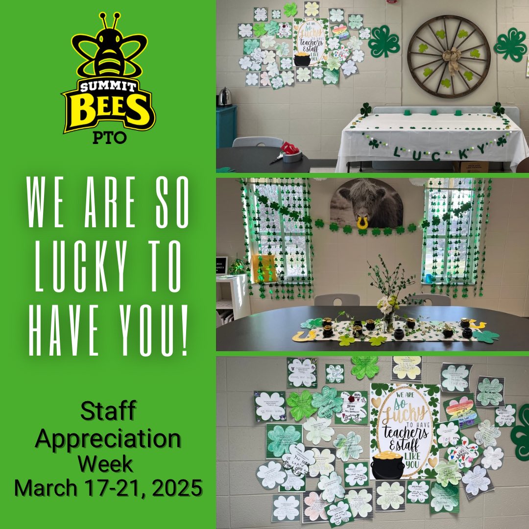 Summit PTO and families are “so lucky to have” our amazing Summit teachers and staff! We’re excited to celebrate you all week for Teacher and Staff Appreciation Week!🍀 <a href="/summitbees/">SummitElementaryFHSD</a> <a href="/FHSchools/">FHSD</a>