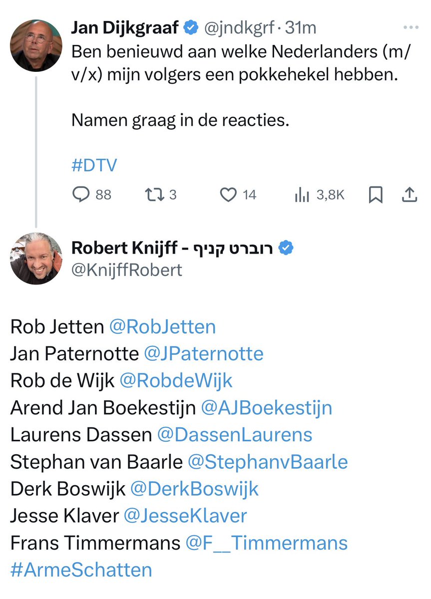 GEWOON OMDAT HET KAN…

Volg je, net als ik, Jan Dijkgraaf, lever dan even je lijstje in…
En ja; Kan er nog wel tig noemen, maar; “In der Beschränkung zeigt sich erst der Meister”…
Cc: @JnDkgrf | #EindBaas