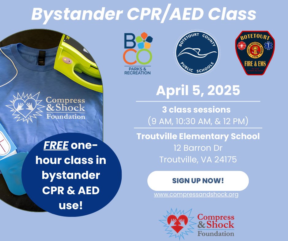 #cprsaveslives so here is your opportunity for FREE bystander CPR training on Sat., 4/5 starting at 9am! The Compress &amp; Shock Foundation is also installing a new AED at Troutville Elementary! Sign up here: compressandshock.org/.../troutville...
Want to volunteer?pointapp.org/orgs/5941