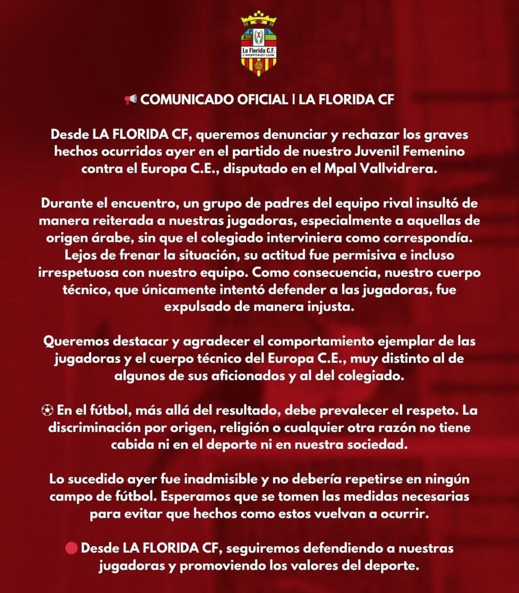 HlPERCOR's tweet photo. La Florida CF comunica a través de xarxes un pressumpte episodi nou de racisme per part d'aficionats del CE Europa.
Seria el tercer en pocs mesos i el conjunt escapulat encara no s'ha pronunciat de forma pública.
Seguirem amb el #DiemNO?? https://t.co/6DQzcj5nla