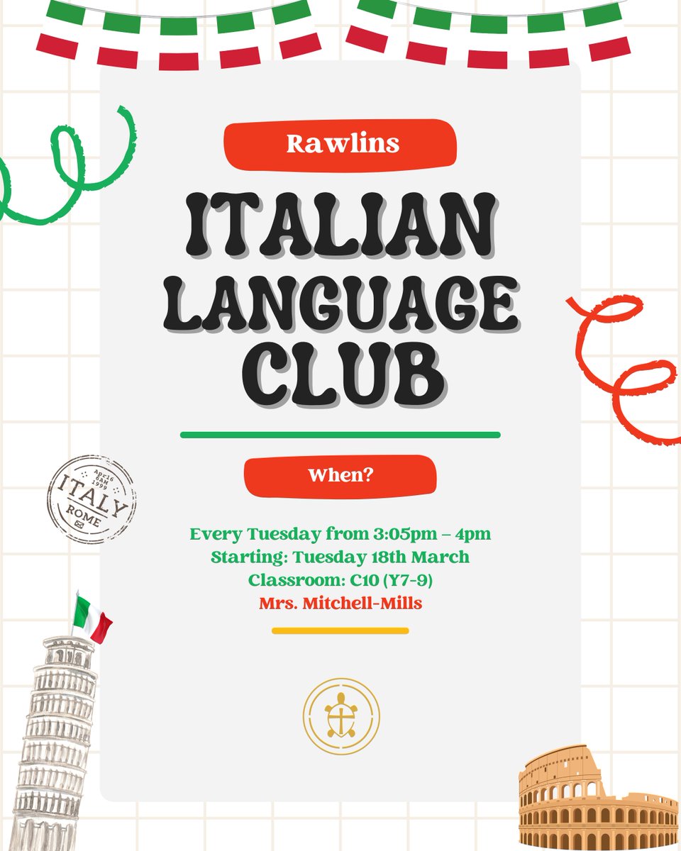 🇮🇹✨ The Italian Language Club is launching at Rawlins! Join us Tuesdays, 3:05-4pm in C10 (Y7-9) with Mrs. Mitchell-Mills, starting 18th March! 🌍📚 #Rawlins #LearnItalian