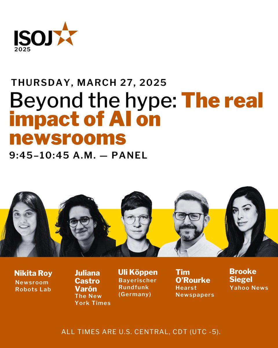 Beyond the hype: The real impact of AI on newsrooms 💬⚡️ Join <a href="/ByNikitaRoy/">Nikita Roy</a>  (Newsroom Robots Lab), <a href="/juliacastrov/">Juliana Castro Varón</a> (NYT), <a href="/zehnzehen/">uli koeppen</a> (Bayerischer Rundfunk), Tim O'Rourke (Hearst), and Brooke Siegel (Yahoo News) at ISOJ 2025 to explore AI’s newsroom impact.
isoj.org/program-2025/