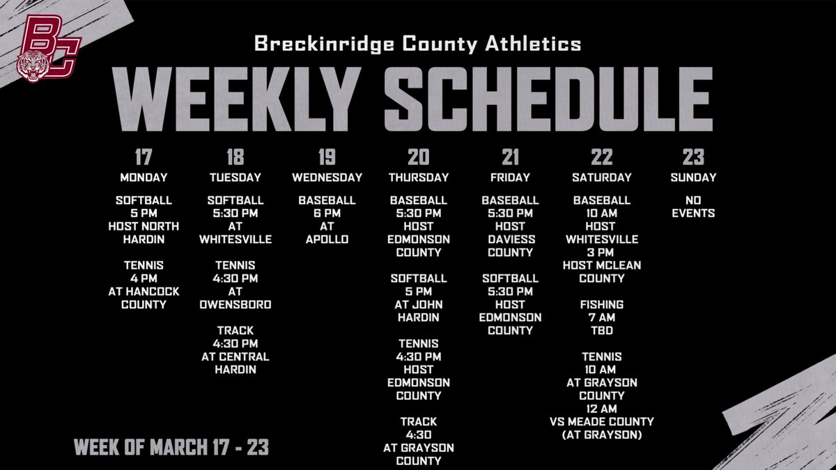 This Week in Breck County Athletics!!
#GoTigers
#WeAreBC

<a href="/BCLadyTigersSo1/">BC Lady Tigers Softball</a> 
<a href="/BCtigerbaseball/">Breck Co. Baseball</a> 
<a href="/BreckTFXC/">Breck County Track & Field / XC</a> 
<a href="/breckfishing/">Breckinridge County Bass Fishing</a> 
<a href="/BreckTennis/">Breck County Tennis</a>