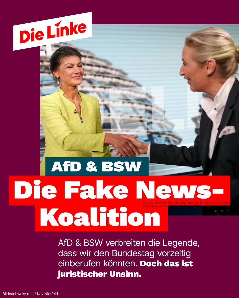 dieLinke's tweet photo. AfD &amp; BSW verbreiten die Legende, dass wir den Bundestag vorzeitig einberufen könnten. Doch das ist juristischer Unsinn. Wir lehnen diese Art von politischer Sabotage ab. Demokratie braucht eine starke, ernsthafte Opposition – ohne Tricks und politische Winkelzüge! https://t.co/tkeQOFeATR